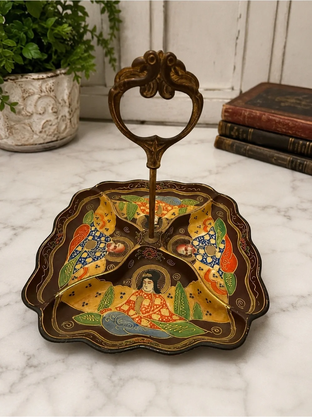 Vintage Japanese Satsuma Style Figural Divided Relish Tray Metal Handle